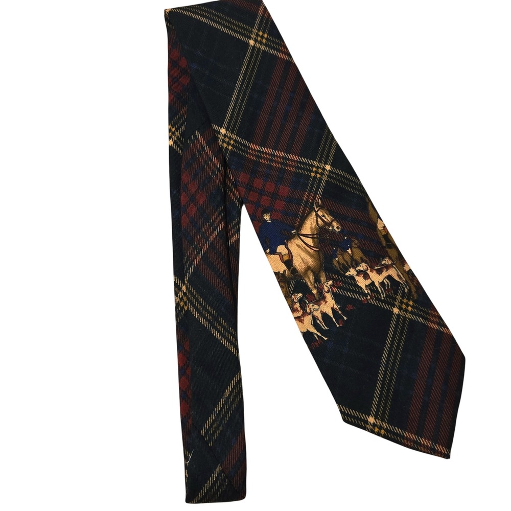 Polo Ralph Lauren Necktie Mens Tie Navy Plaid Equestrian Horse Fox Hunt Wool Tie